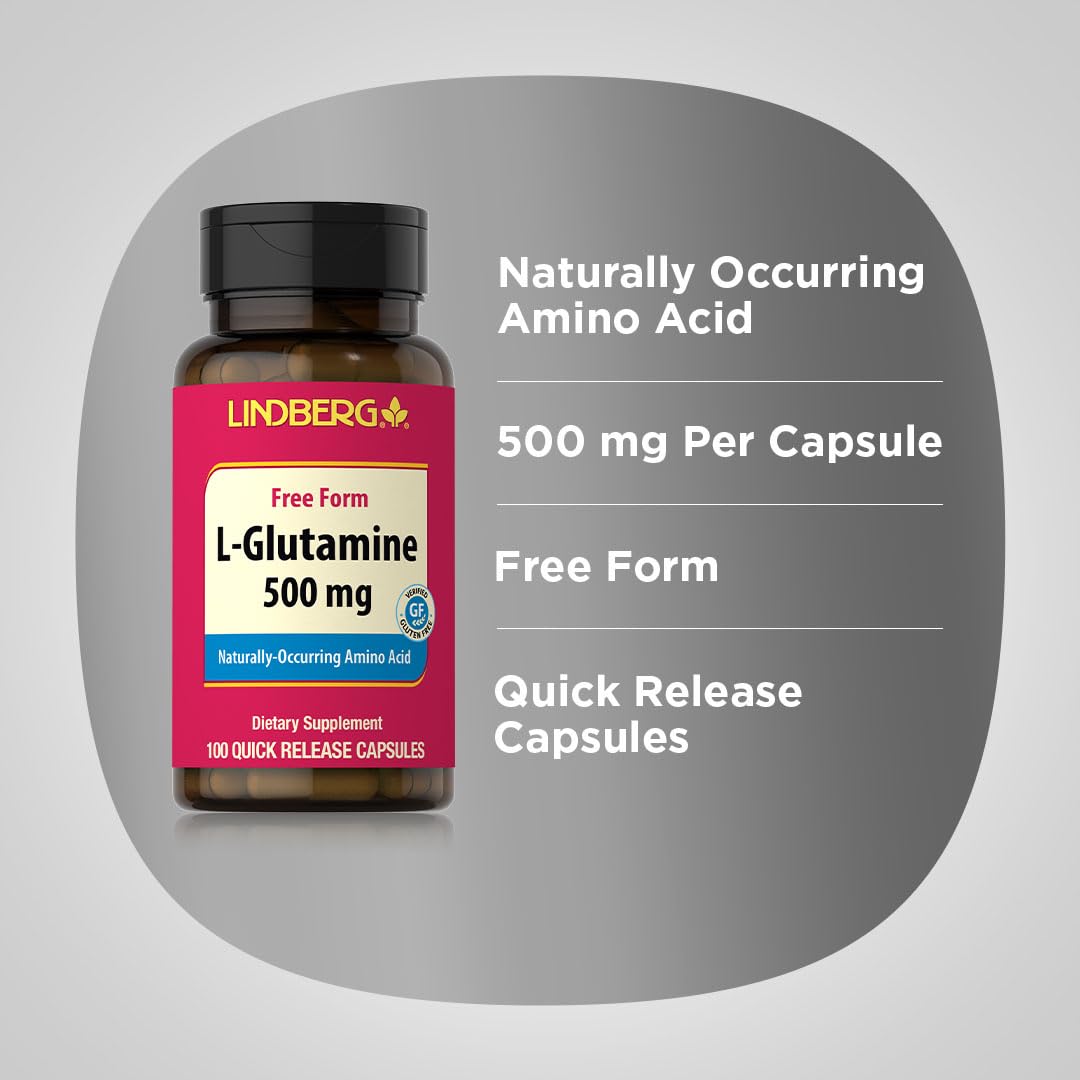 Lindberg L Glutamine Capsules for Women and Men | 500mg | 100 Pills | Free Form Supplement | Non-GMO, Gluten Free