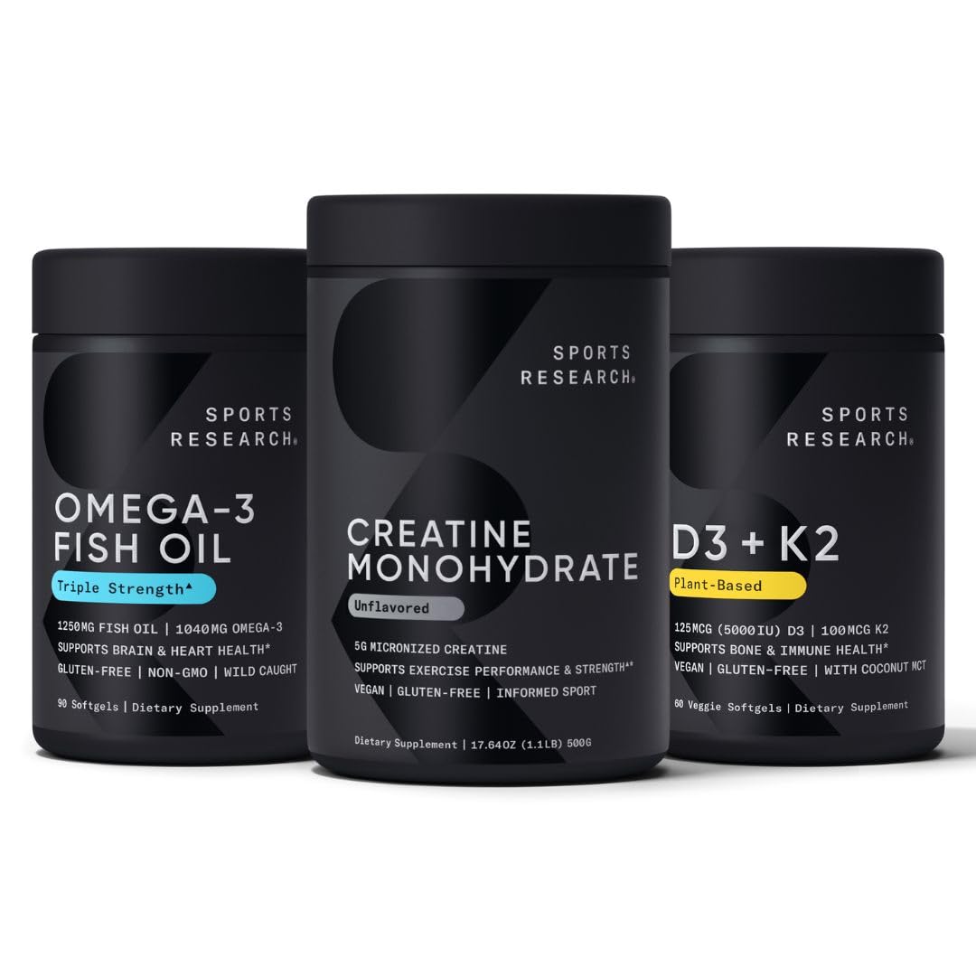Sports Research Triple Strength Omega 3 Fish Oil - Burpless Fish Oil Supplement w/EPA & DHA Fatty Acids, Creatine Monohydrate & Plant Based Vitamin D3 K2 with Coconut Oil