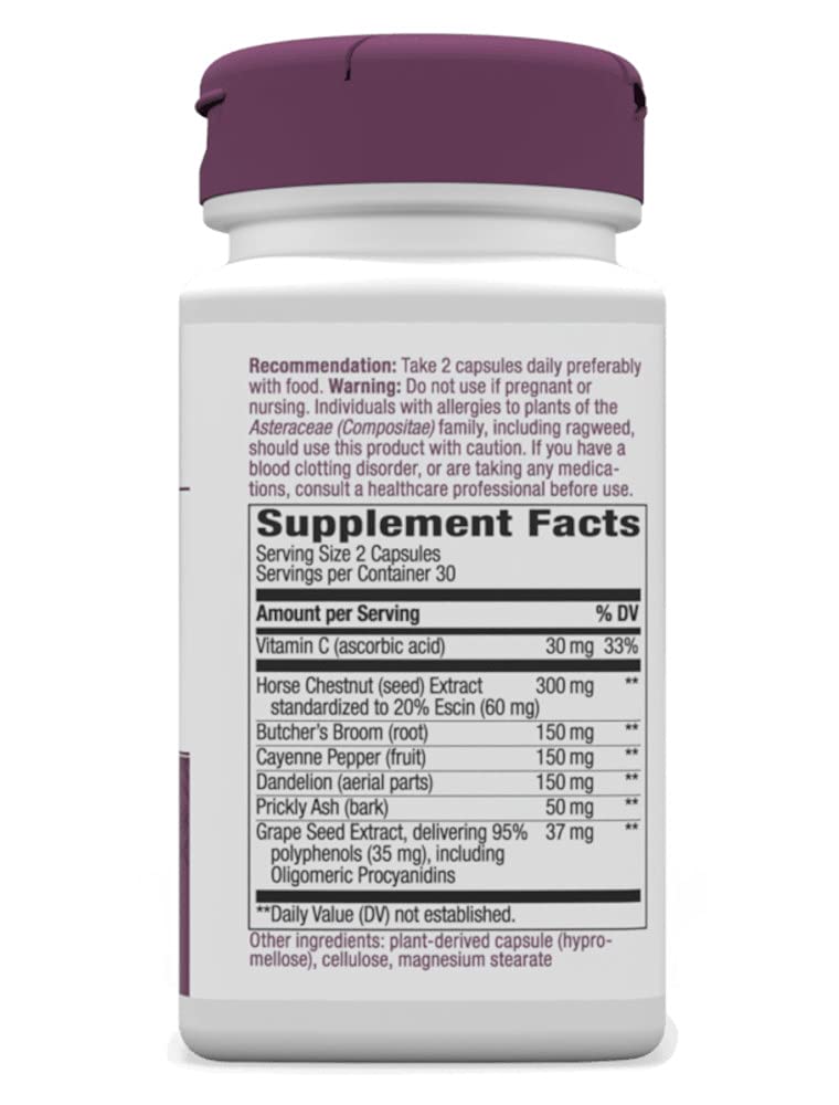 Nature's Way Leg Veins Premium Blend of Horse Chestnut, Butcher's Broom, Cayenne Pepper, Dandelion, Prickly Ash and Grape Seed Plus Vitamin C Dietary Supplement (60 Vegan Capsules)
