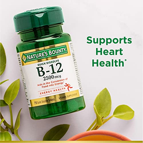 Nature's Bounty Vitamin B12 2500 mcg, Cellular Energy Support, For Energy Metabolism, Heart & Nervous System Health, 75 Quick Dissolve Tablets