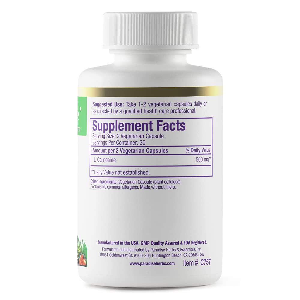 Paradise Herbs L-Carnosine, Super Potent, Ultra Pure, Antioxidant, Vegan, Non GMO, Gluten Free, 60 Vegetarian Capsules