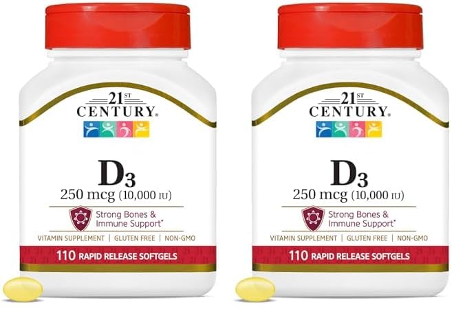 21st Century Vitamin D3 250 mcg (10,000 IU) Rapid Release Softgels, 110 Count (Pack of 2)
