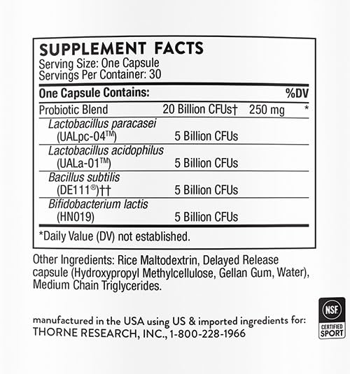 THORNE FloraSport 20B - Probiotic Supplement - Promotes Digestive Support, Gut Health, Immune Function and Occasional Diarrhea or Constipation* - NSF Certified for Sport - 30 Capsules - 30 Servings