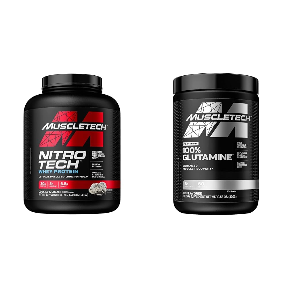 Muscletech Whey Protein Powder Nitro-Tech Whey Protein Isolate & Glutamine Powder 100% Pure L Glutamine Powder | Post Workout Recovery Drink | L-Glutamine Powder