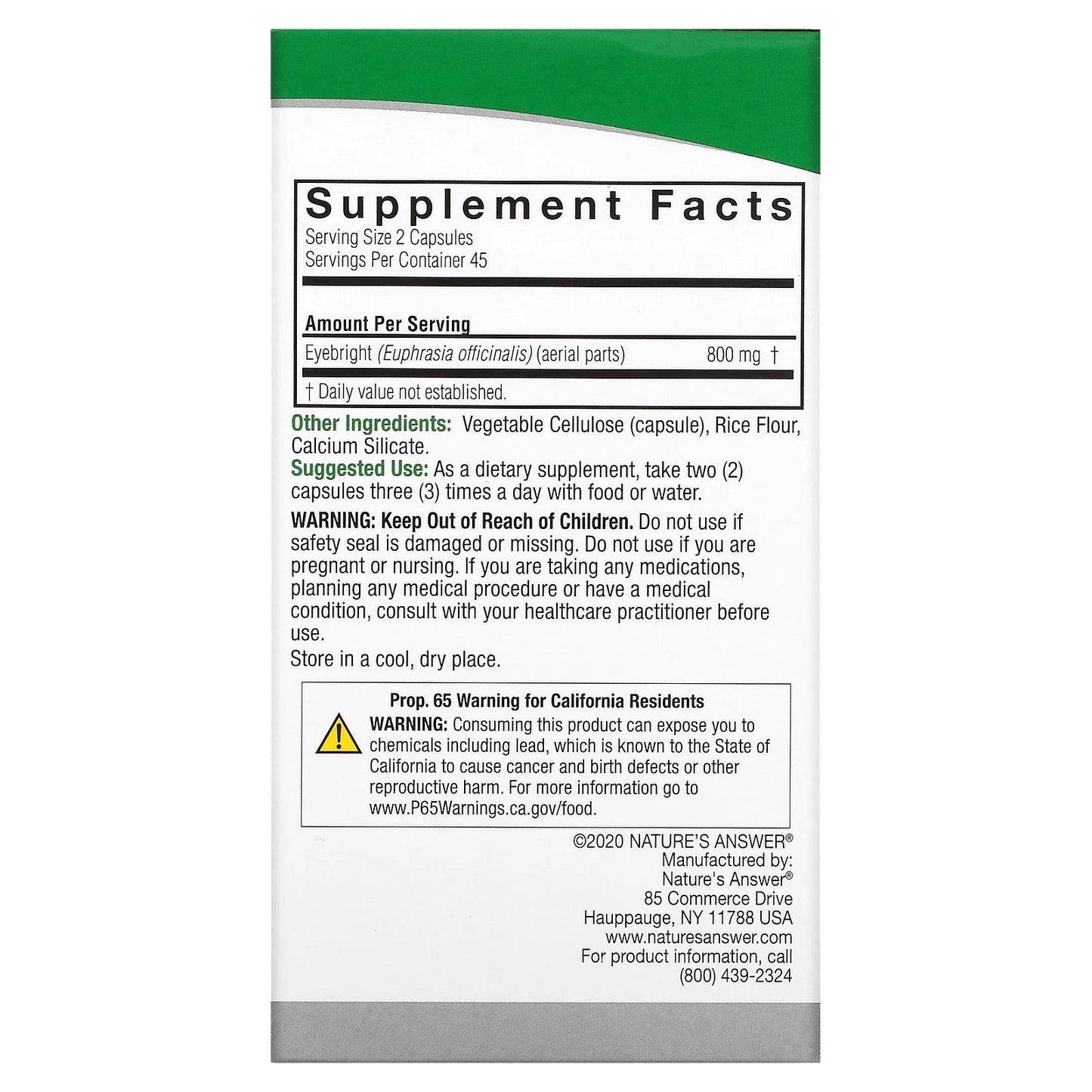 Nature's Answer
Eyebright, 800 mg, 90 Vegetarian Capsules (400 mg per Capsule)