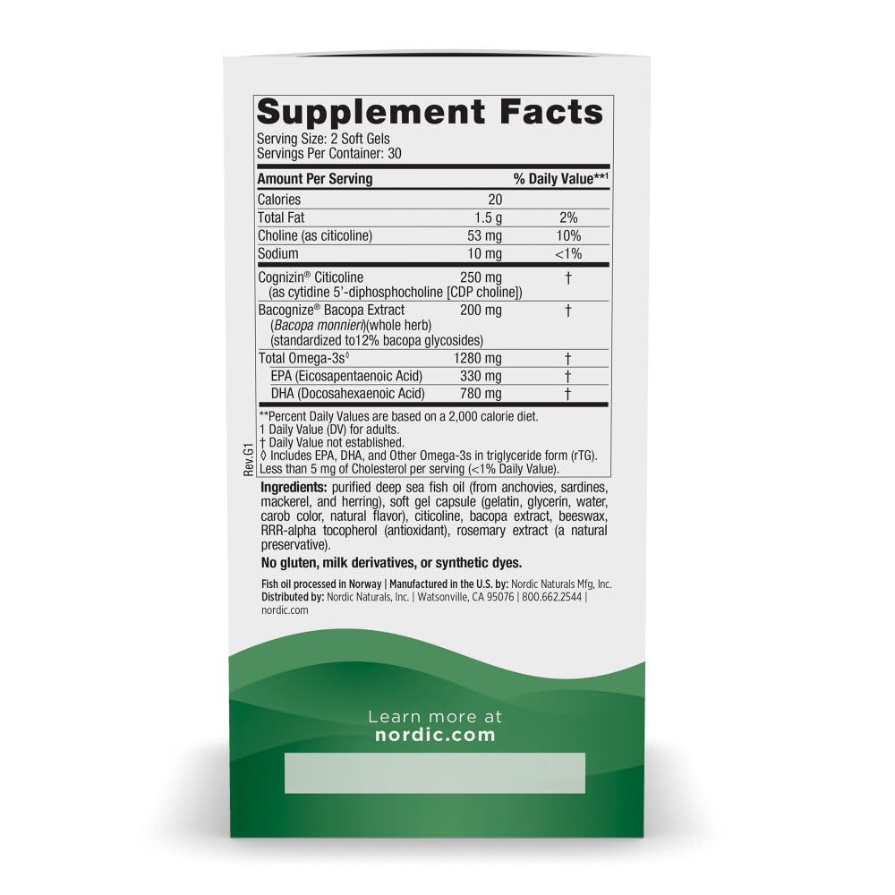 Pre-Order | Arrives in 5–10 Days – Nordic Naturals Omega Focus, Lemon - 60 Soft Gels - 1280 mg Omega-3 + Citicoline & Bacopa Monnieri Extract - Focus, Attention, Memory, Brain Health - Non-GMO - 30 Servings