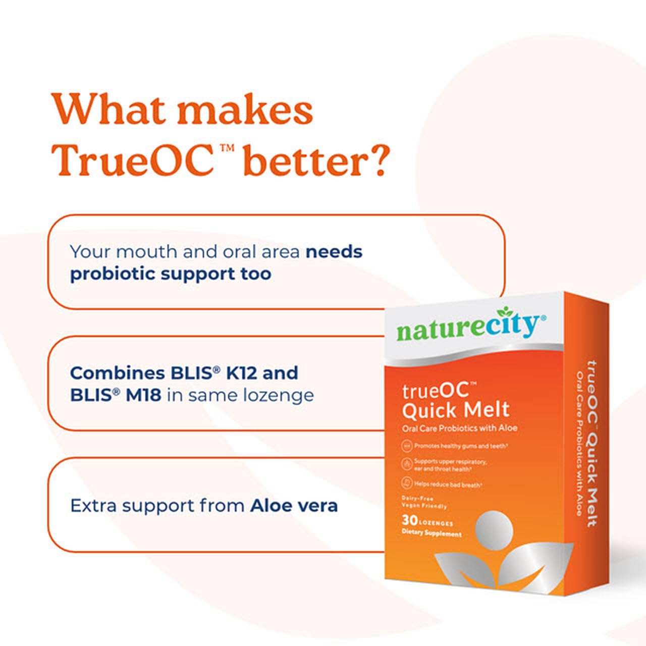 NatureCity TrueOC Oral Probiotics for Teeth and Gums with Aloe Vera | Fights Bad Breath in Adults & Children & Improves Upper Respiratory Health | Dental Probiotic Ft. BLIS K12 BLIS M18 Lozenges (30)
