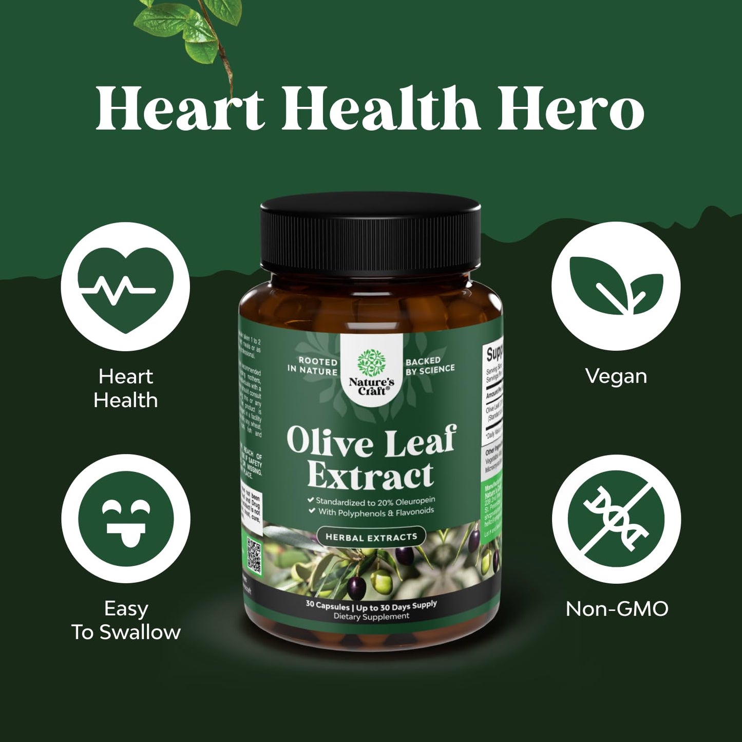 Potent Olive Leaf Extract Capsules - High Strength Antioxidant Supplement with Pure Olive Leaf with 20% Oleuropein - Herbal Heart Health Supplement - Vegan Non-GMO & Gluten Free (1 Month Supply)