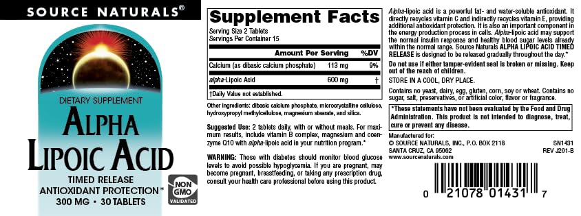 Pre-Order | Arrives in 5–10 Days – Source Naturals Alpha Lipoic Acid - Supports Healthy Sugar Metabolism, Liver Function & Energy Generation*, 300mg - 30 Time Release Tablets