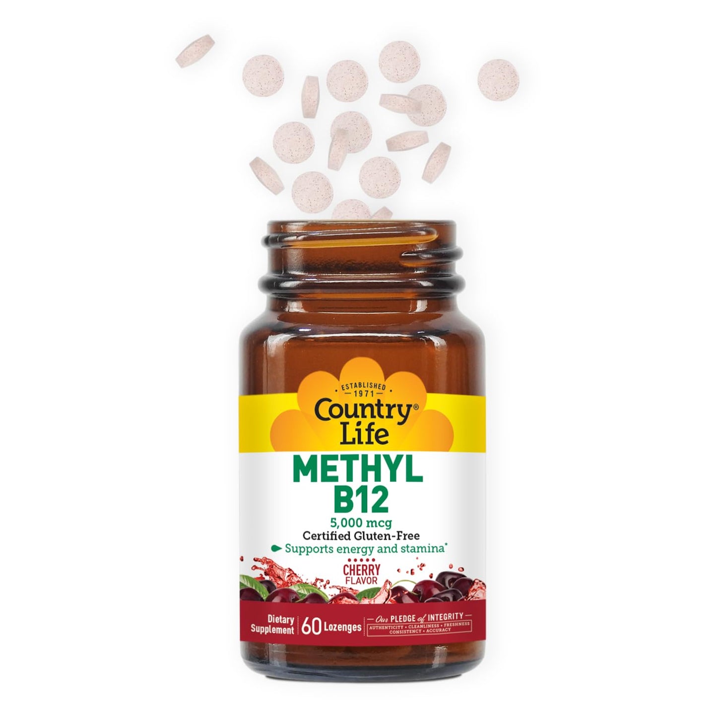 Country Life Methyl B12, Supports Energy & Stamina, 5,000mcg, 60 Lozenges, Certified Gluten Free, Certified Vegan, Certified Non-GMO Verified
