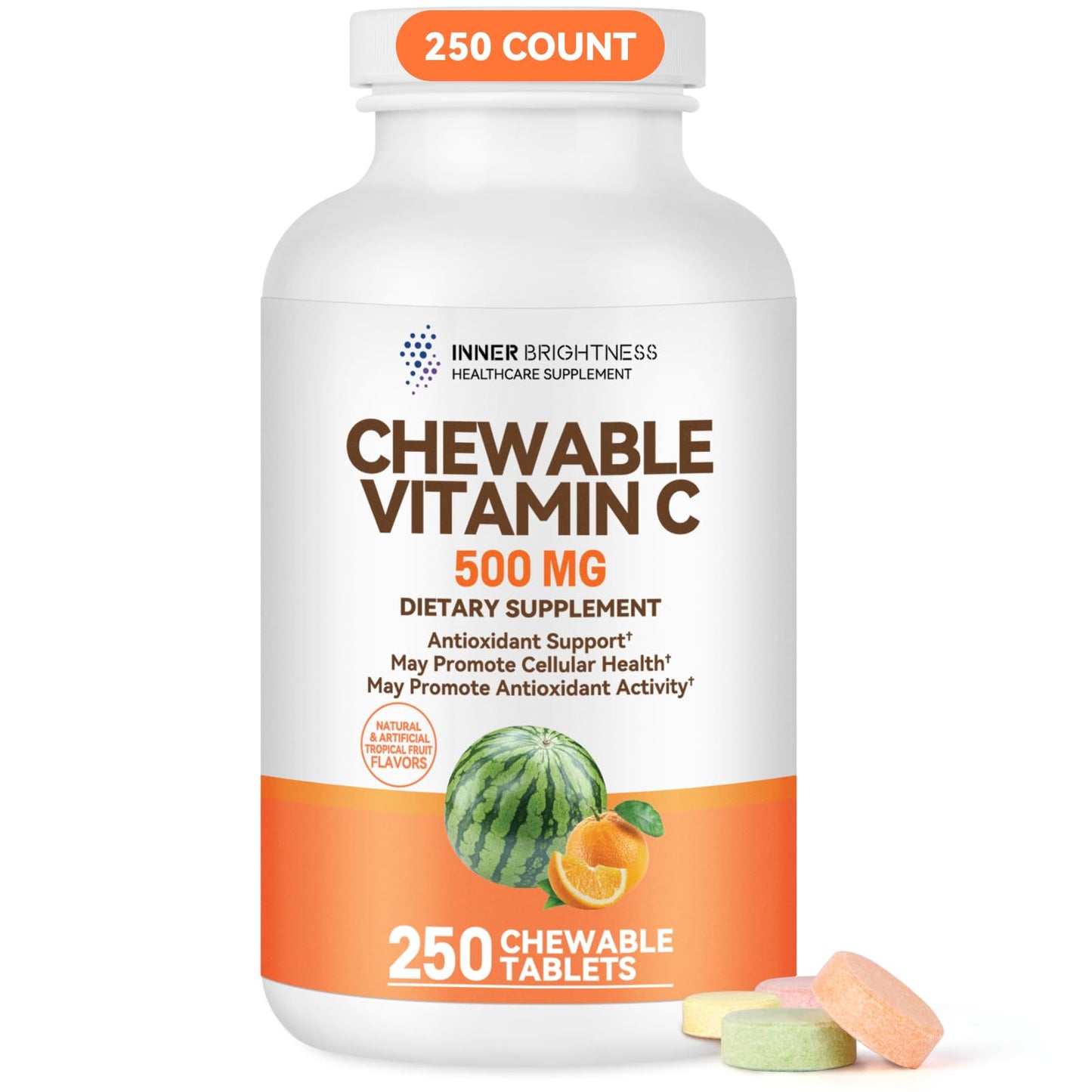 Inner Brightness Vitamin C 500 mg, Vitamin C Chewable, Dietary Supplement for Immune Support, 250 Tablets, 250 Day Supply, Assorted Fruit Flavors