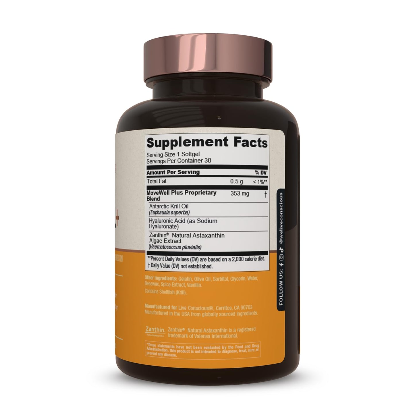 Live Conscious Joint Health Supplement - MoveWell Plus Antarctic Krill Oil, Natural Astaxanthin and Hyaluronic Acid | Outperforms Glucosamine