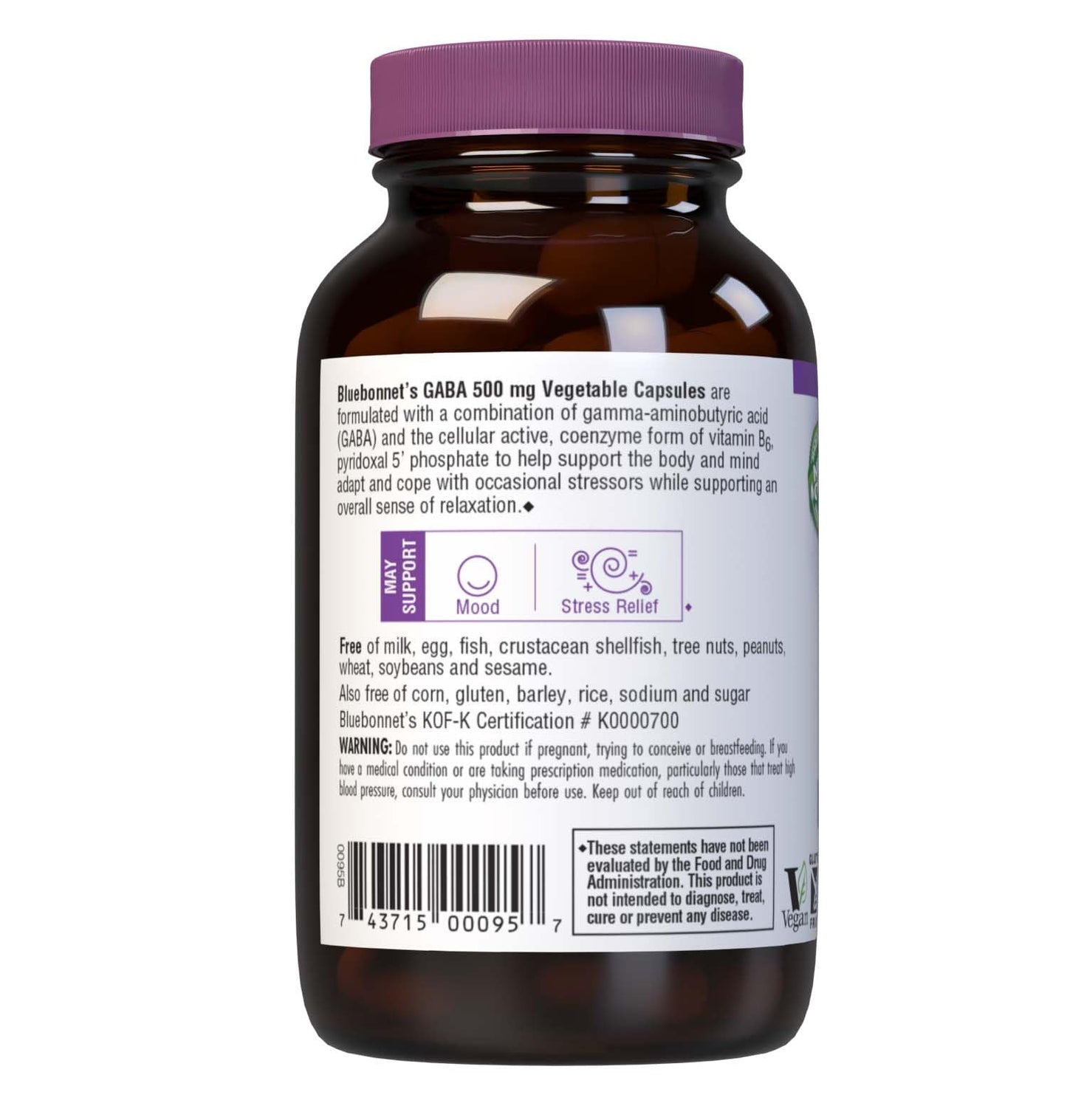 BlueBonnet Nutrition GABA 500mg, for Stress Relief*, Supports Relaxation*, Kosher, Vegan, Gluten-Free, Soy-Free, Non-GMO, 60 Count, 60 Servings