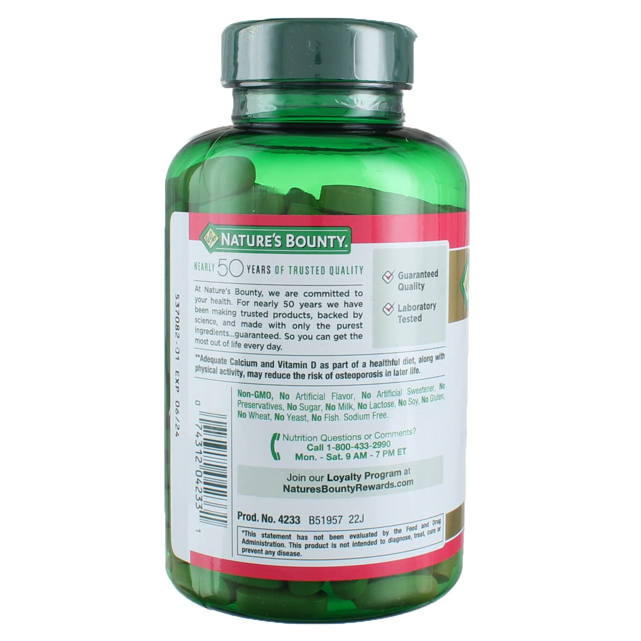 Nature's Bounty Calcium Carbonate & Vitamin D, Supports Immune Health & Bone Health, 600mg Calcium & 800IU Vitamin D3, 250 Tablets