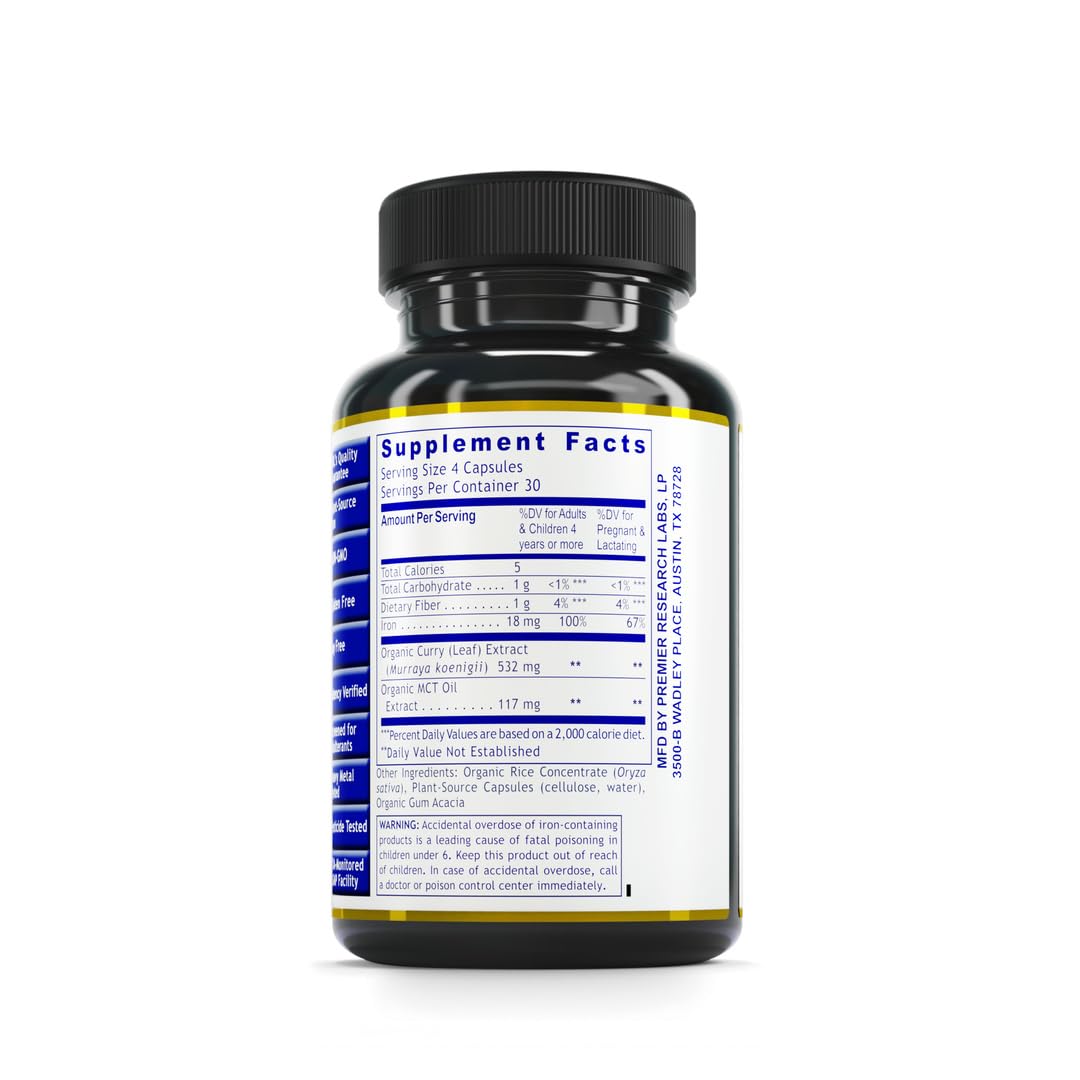 Premier Research Labs Phyto-Iron - Plant Based Iron for Men & Women for Blood Support, Curry Leaves Supplement, Iron Supplements, Non-Heme Iron, 18mg Iron Per Serving - 120 Vegetarian Capsules