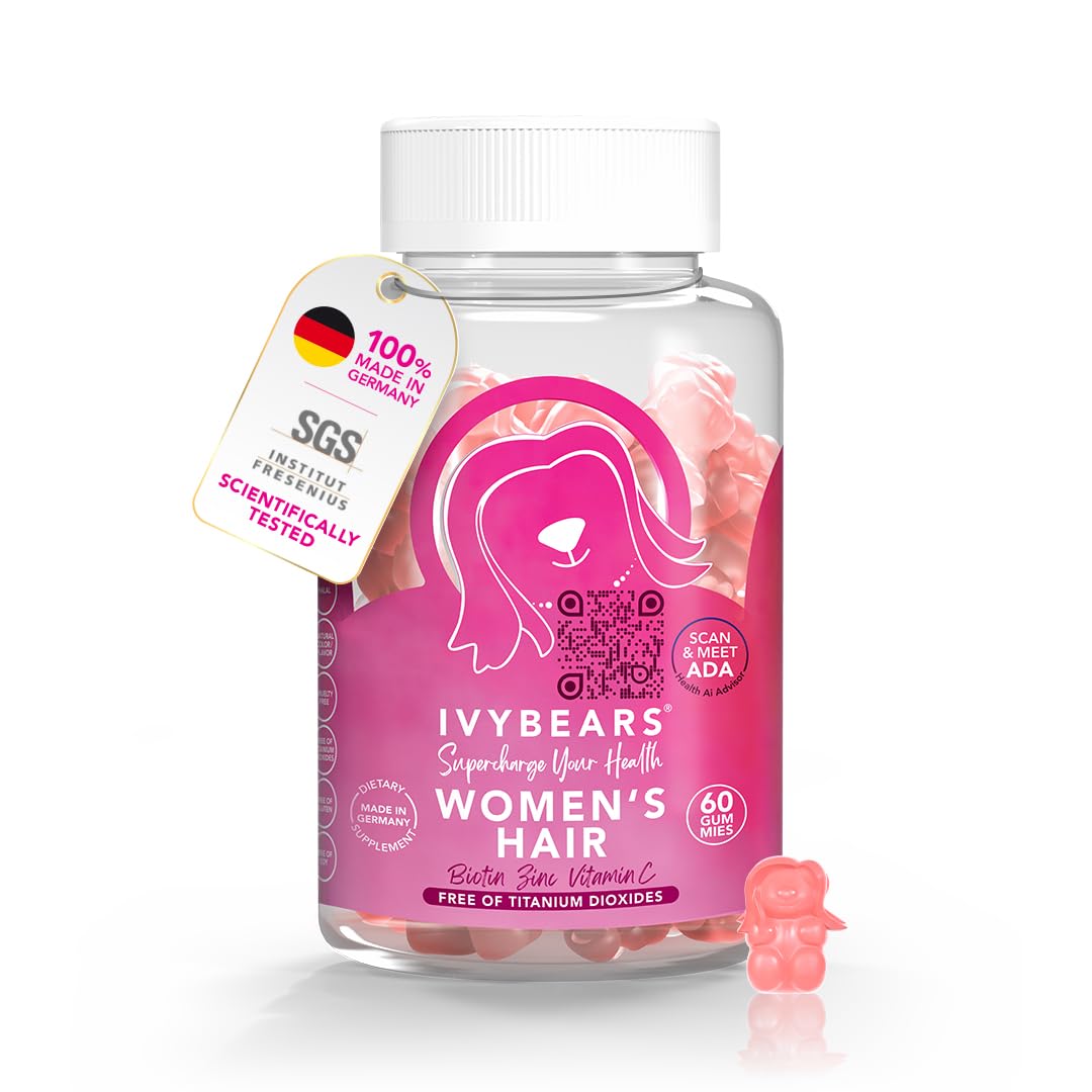 IvyBears Women’s Hair Vitamin Gummies with Complex Biotin, Collagen, Folic Acid, Vitamin B7, and Keratin for Hair, Skin & Nails - Vegan Hair Growth & 100% Vitamin Boost - 60 Count, 1 Month Supply