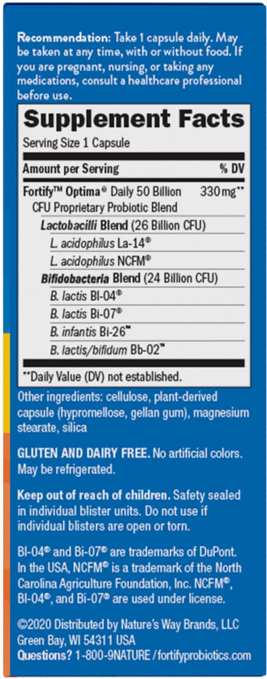 Nature's Way Fortify Optima Probiotic for Men and Women, 50 Billion Live Cultures, 6 Strains, Supports Digestive and Immune Health*, 30 Capsules (Packaging May Vary)