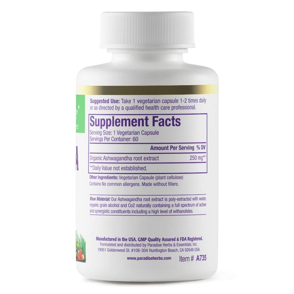 Paradise Herbs Organic Ashwagandha, Ayurvedic Adaptogen, Vegan, Non GMO, Gluten Free, 60 Vegetarian Capsules