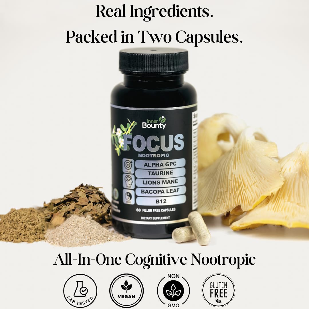 Inner Bounty Focus 14-in-1 Nootropic Brain Supplement with Lions Mane, Alpha GPC Choline, Vitamin C & B12, Taurine, Bacopa - Energy, Cognitive, Memory Support, 60 Filler Free Capsules