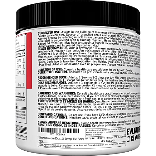Lean BCAA Powder Workout Drink - Evlution Nutrition BCAA Pre Workout Powder for Long Lasting Energy and Shredded Lean Muscle Mass plus Post Workout Recovery & Body Toning Support - Fruit Punch