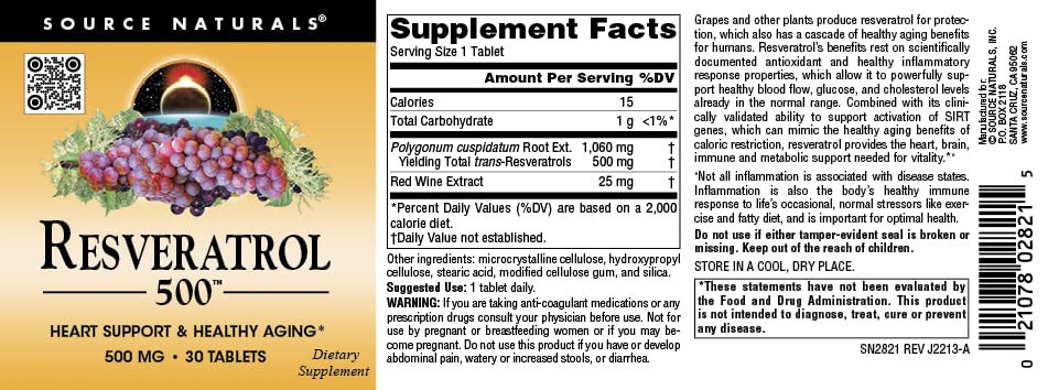 Pre-Order | Arrives in 5–10 Days – Source Naturals Resveratrol 550, Heart Support & Healthy Aging*, 500 mg - 30 Tablets