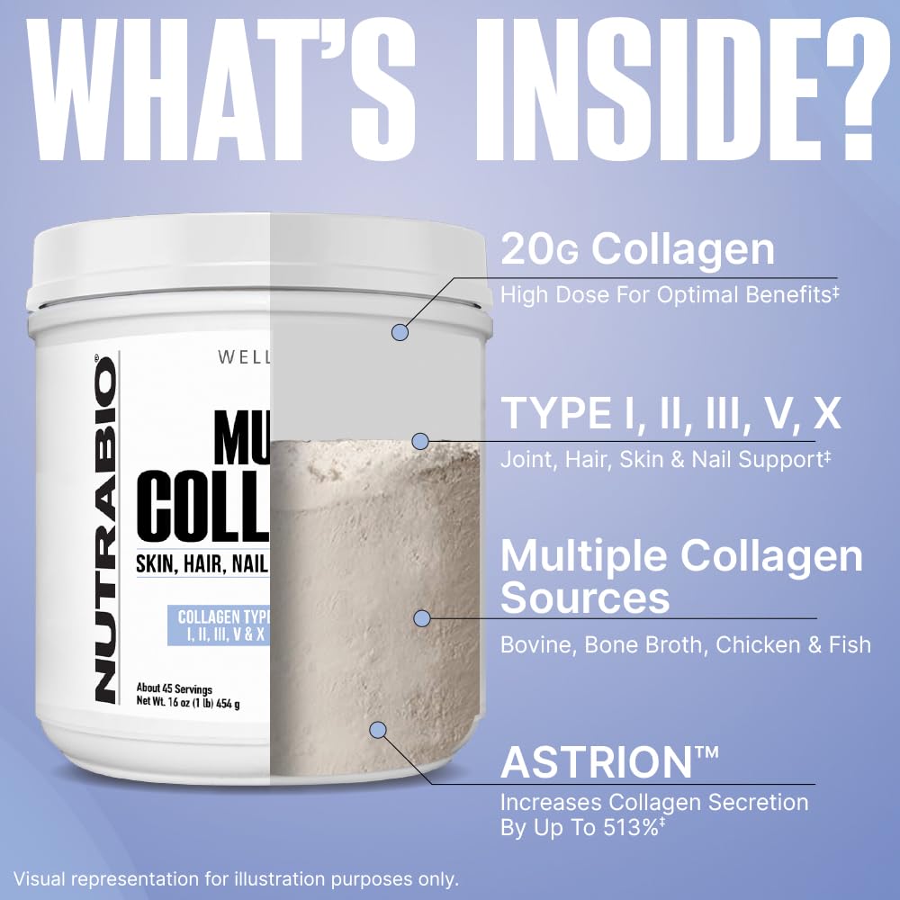 NutraBio Multi Collagen Powder- Hydrolyzed Collagen Peptides for Glowing Hair & Skin- Grass-Fed- Collagen Powder for Women and Men- 45 Servings