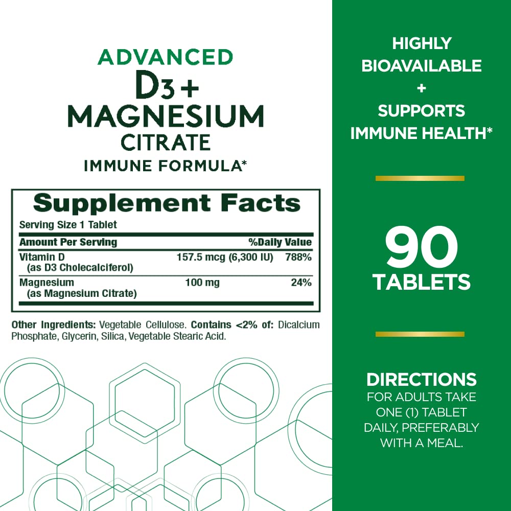 Nature's Bounty Advanced Vitamin D3 with Magnesium Citrate Immune Formula, Supports Immune and Bone Health, 90 Tablets