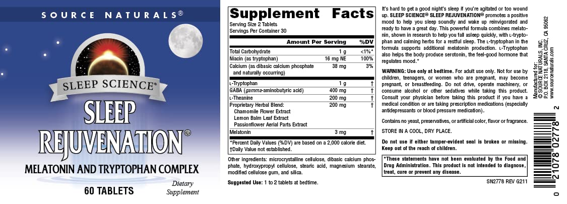 Pre-Order | Arrives in 5–10 Days – Source Naturals Sleep Science Sleep Rejuvenation, Melatonin and Tryptophan Complex for Restful Sleep Support* - 60 Tablets