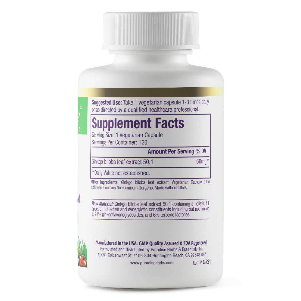 Paradise Herbs Ginkgo Biloba Extract, Super Potent, Ultra Pure, Vegan, Non GMO, Gluten Free, 120 Vegetarian Capsules