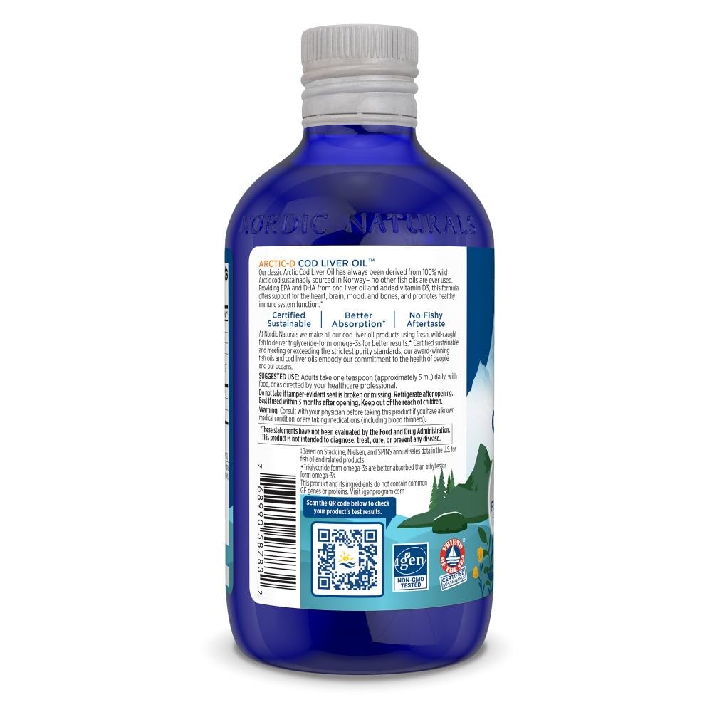 Pre-Order | Arrives in 5–10 Days – Nordic Naturals Arctic-D Cod Liver Oil, Lemon - 8 oz - 1060 mg Total Omega-3s + 1000 IU Vitamin D3 - EPA & DHA - Heart, Brain, Bone, Immune & Mood Support - Non-GMO - 48 Servings
