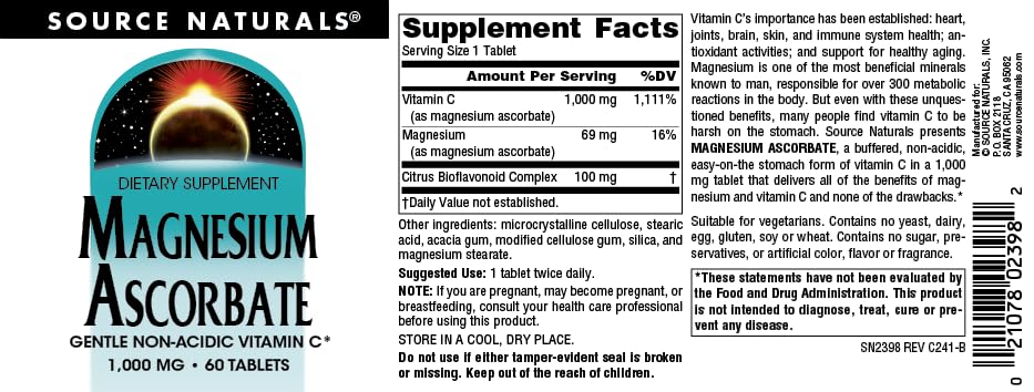 Pre-Order | Arrives in 5–10 Days – Source Naturals Magnesium Ascorbate, Non-Acidic Vitamin C* -1000 mg, 60 Tablets