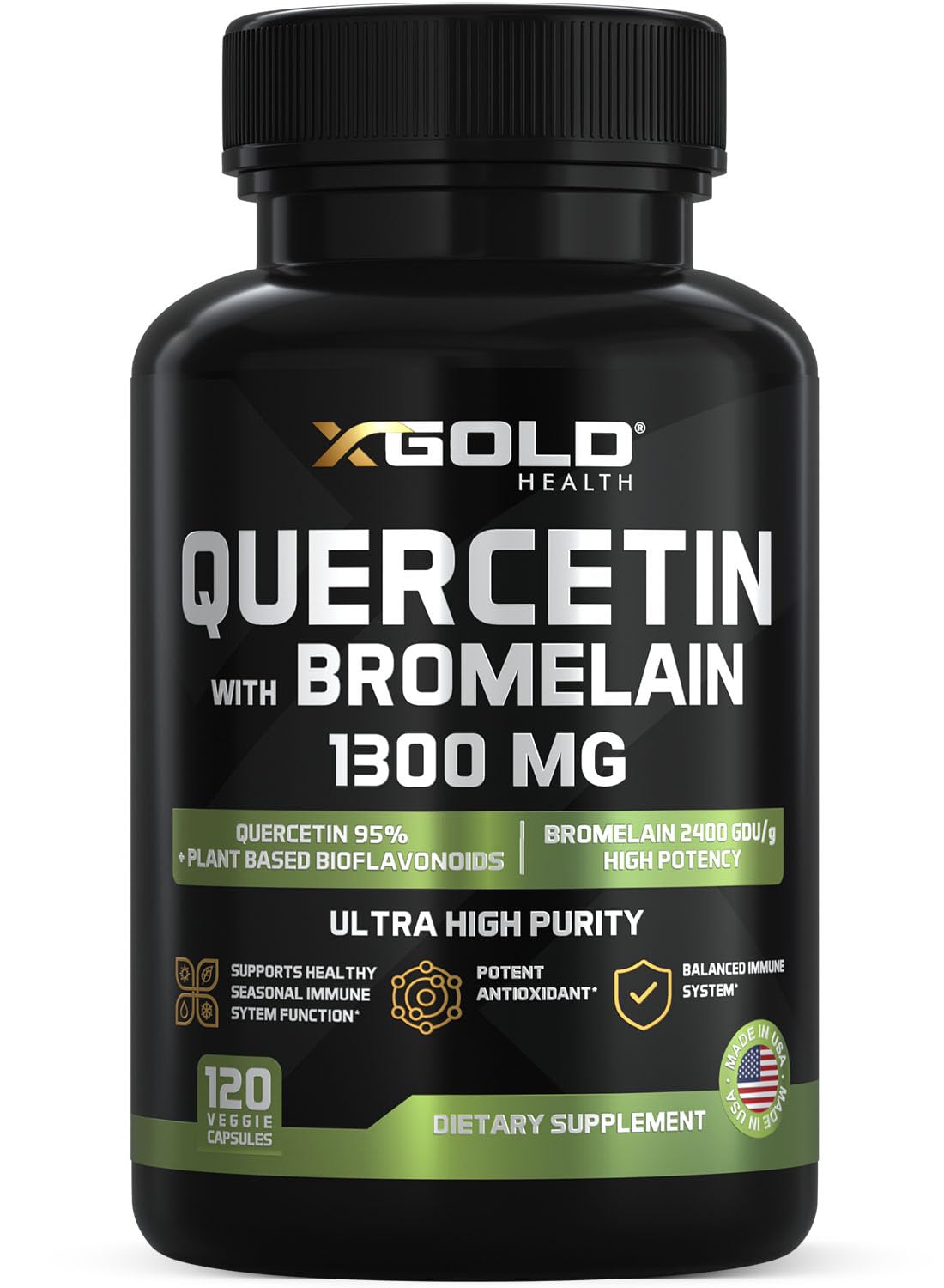 Quercetin + Bromelain 1,300mg – Quercetin: 95% - Highly Purified and Highly Bioavailable Plus Bromelain 2,400 GDU/g - Made in USA | 120 Caps