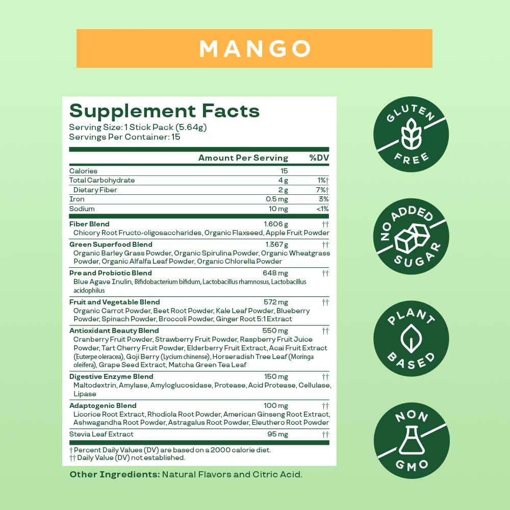 Pre-Order | Arrives in 5–10 Days –
Bloom Nutrition Superfood Greens Powder Stick Packs, Digestive Enzymes with Probiotics and Prebiotics, Gut Health, Bloating Relief for Women, Chlorella, Green Juice Mix, 15 SVG, Mango