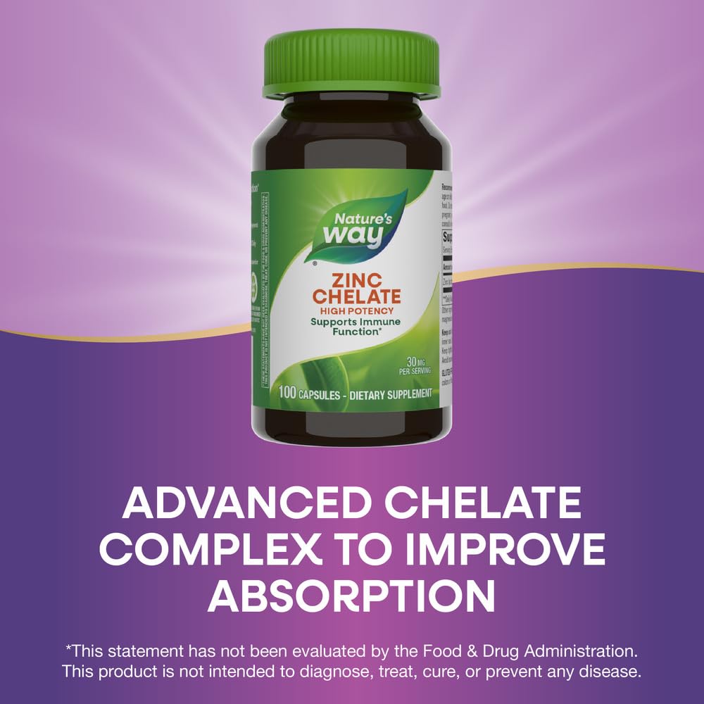 Nature's Way Zinc Chelate, Supports Immune Function*, 30 mg per Serving, 100 Capsules (Packaging May Vary) (Pack of 2)