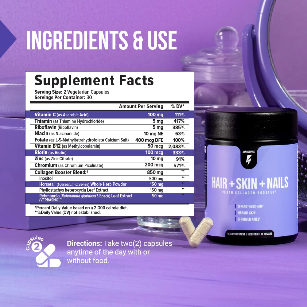 InnoSupps Hair + Skin + Nails Supplement | Vegan Collagen Booster | Biotin, B12, Horsetail Herb Powder | Stimulate Hair Growth, Revitalize Skin, Strengthen Nails | 60 Capsules