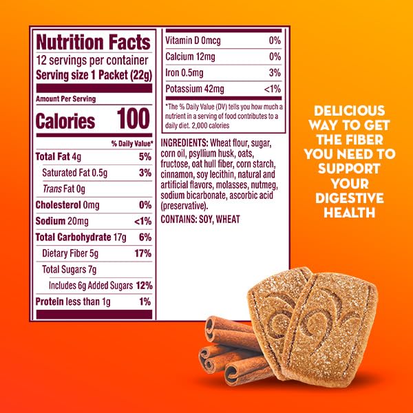 Metamucil Fiber Thins, Psyllium Husk Fiber, 5g Fiber per Serving, Supports Digestive Health and Satisfies Hunger, Daily Fiber Snack, Cinnamon Spice Flavor, 48 Total Servings (4 Packs of 12)