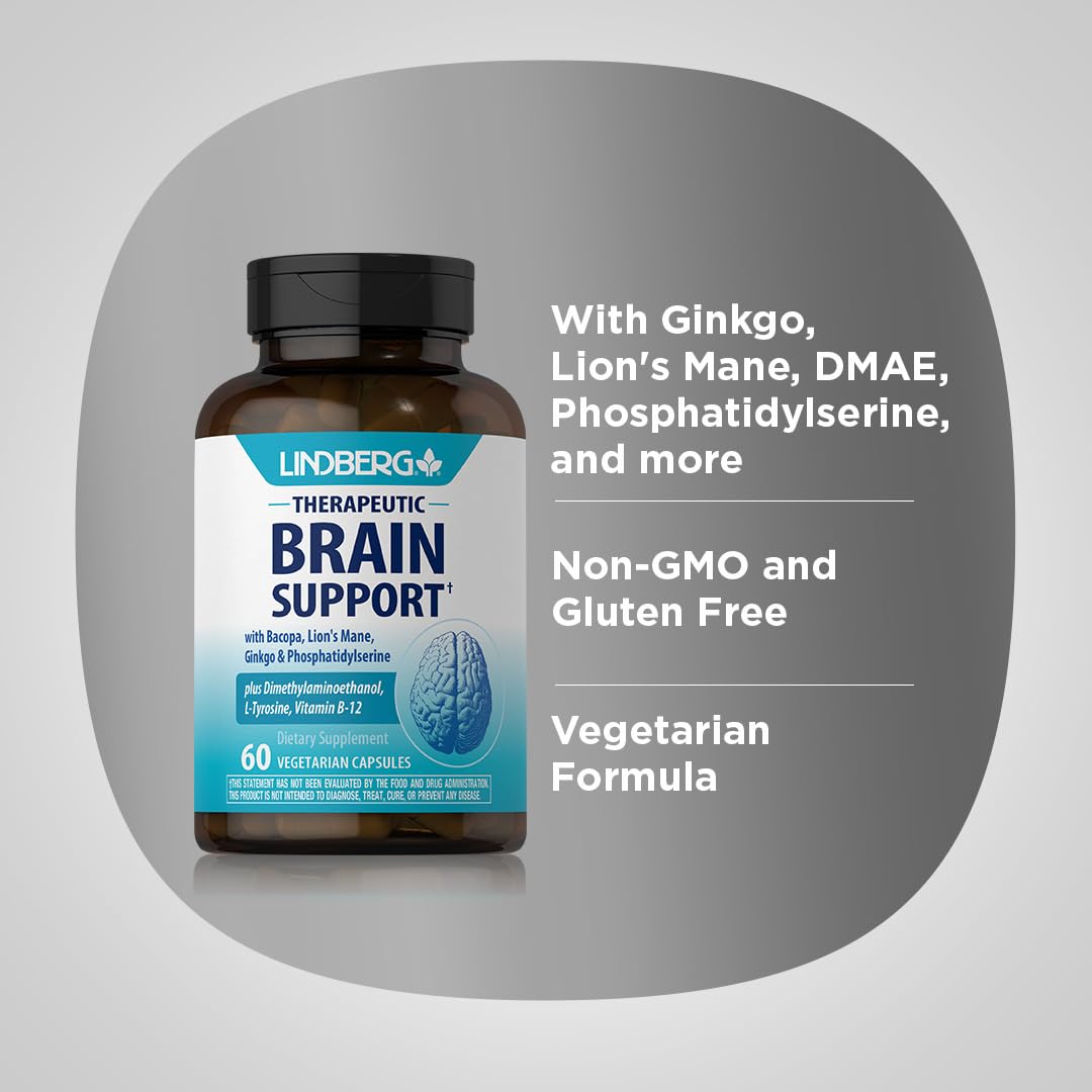 Lindberg Brain Support Supplement for Women and Men | 60 Capsules | Complex Pills | with Phosphatidylserine, Lion's Mane, Vitamin B12 | Vegetarian, Non-GMO, Gluten Free