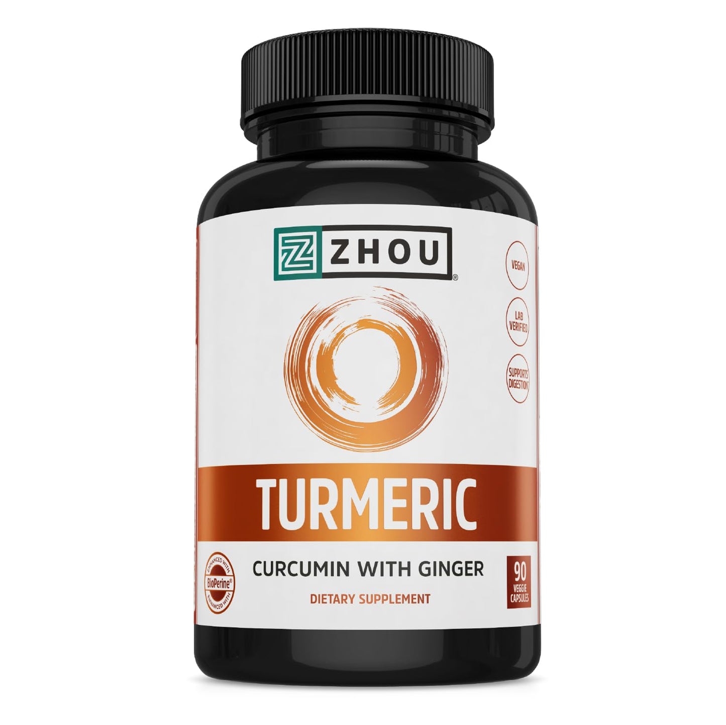Zhou Turmeric Curcumin with Ginger - Turmeric and Ginger Supplement for Women and Men, Curcuminoids with Black Pepper Extract for Digestion and Digestive Health - 90 Veggie Capsules