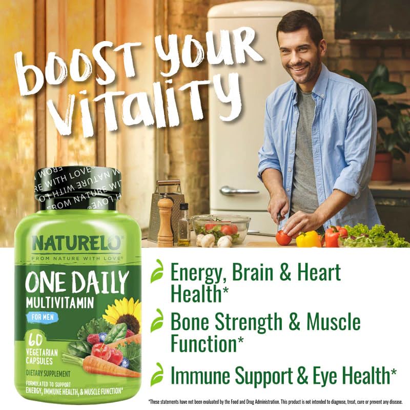 NATURELO Mens Multivitamins - One Daily Multivitamin for Men with Vitamins, Minerals & Organic Whole Foods, Boost Energy & Health, Non-GMO, 60 Vegetarian Capsules