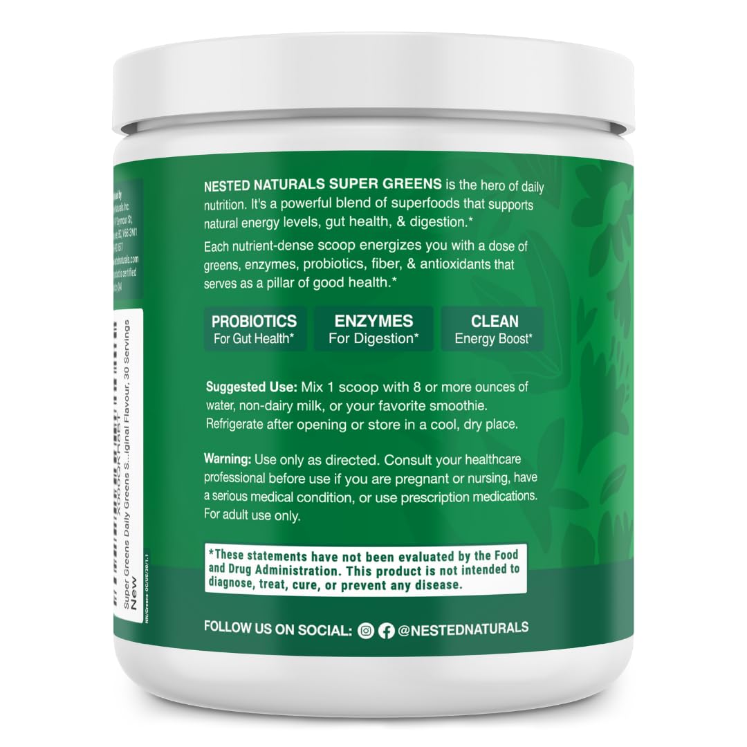 Nested Naturals Super Greens Daily Superfood Powder - Certified USDA Organic Green Powder w/20+ Whole Foods, Spirulina Powder,Wheat & Barley Grass - Probiotics, Fiber & Enzymes - Original Flavour, 30