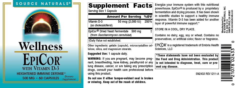 Pre-Order | Arrives in 5–10 Days – Source Naturals Wellness EpiCor with Vitamin D-3 for Heightened Immune Defense* - 60 Capsules