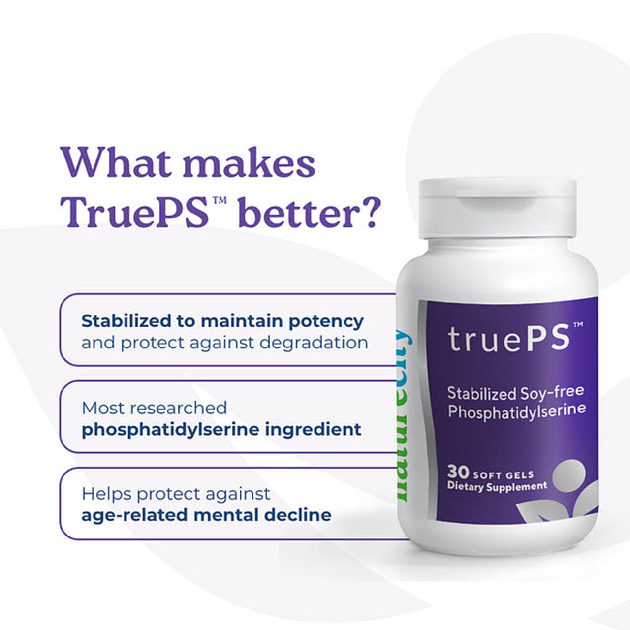 NatureCity True-PS Soy Free Stabilized Phosphatidylserine 100mg Brain Supplements for Memory and Focus - Memory Pills for Brain - Brain Health Supplements for Adults (30 SoftGels)