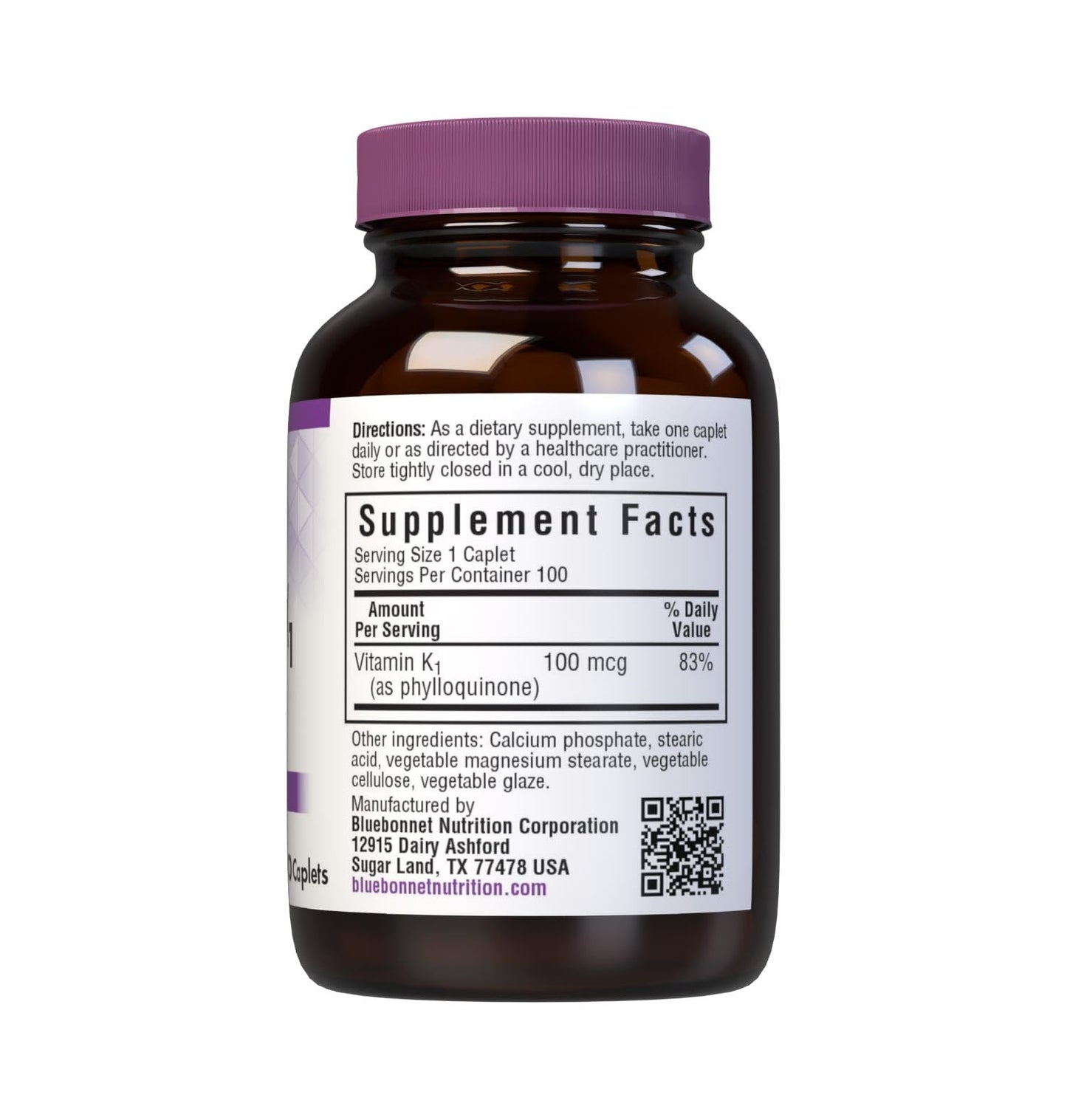 Bluebonnet Vitamin K1 100 mcg Supports Bone Health - Phylloquinone Crystalline Vitamin K Supplement - Non-GMO, Kosher Certified, Gluten-Free, Dairy-Free - 100 Vegan Caplets
