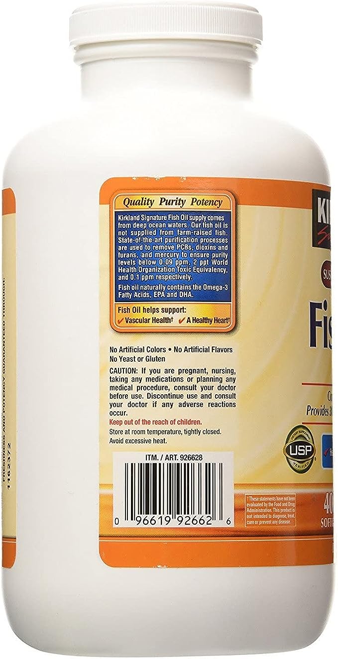 Kirkland Signature Natural Fish Oil Concentrate with Omega-3 Fatty Acids, 400 Softgels, White