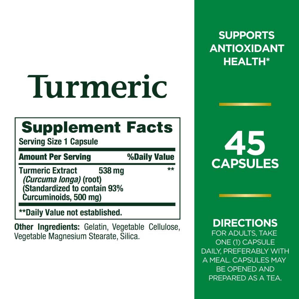 Nature's Bounty Turmeric Pills and Herbal Health Supplement, Supports Joint Pain Relief and Antioxidant Health, 538mg, 45 Capsules