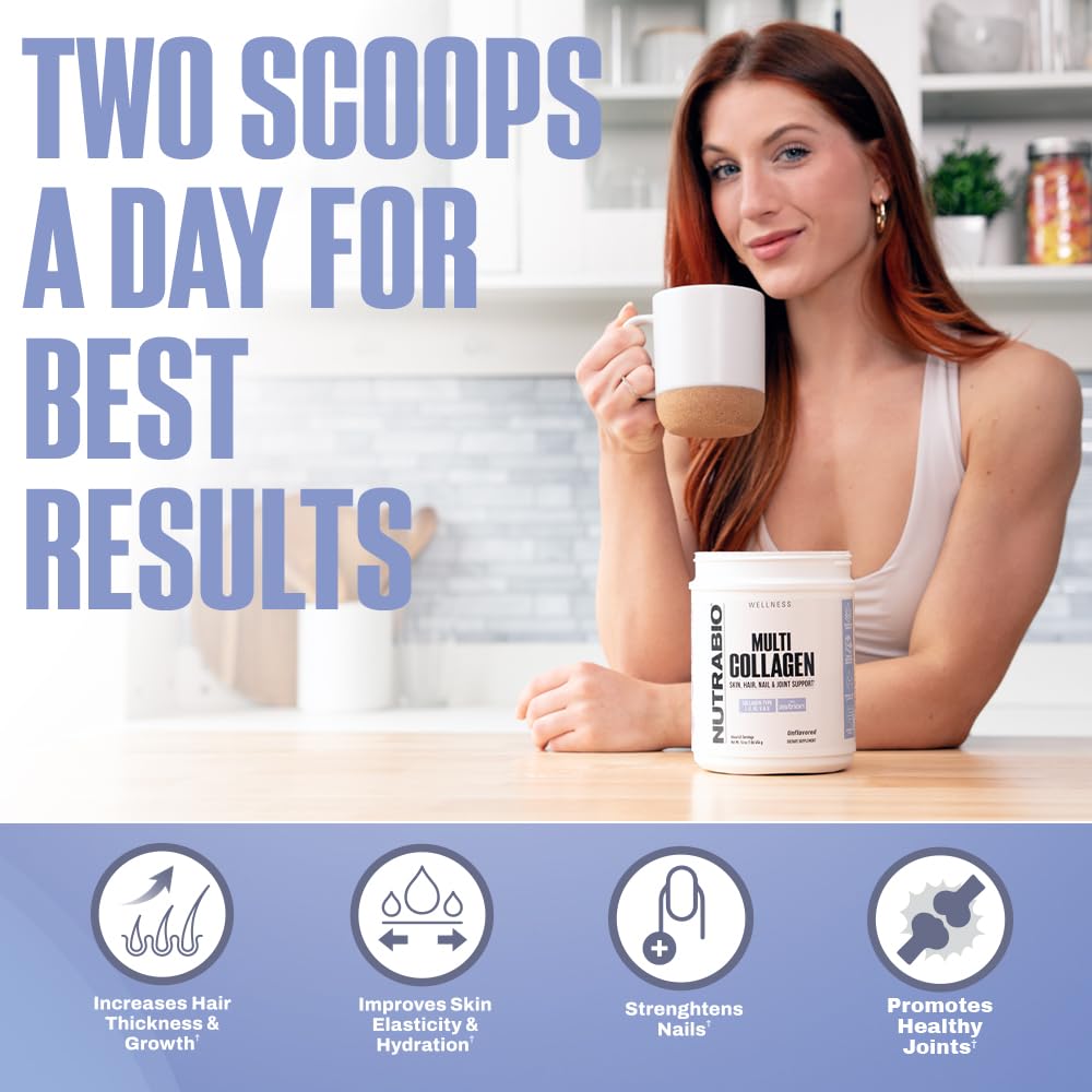 NutraBio Multi Collagen Powder- Hydrolyzed Collagen Peptides for Glowing Hair & Skin- Grass-Fed- Collagen Powder for Women and Men- 45 Servings