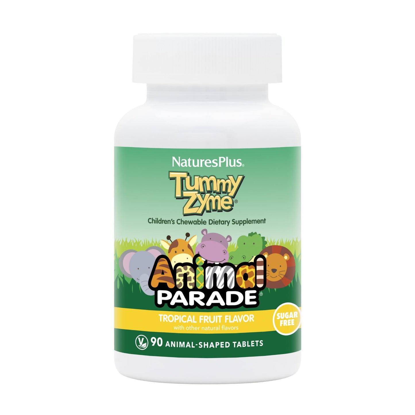 Natures Plus Animal Parade Source of Life Children's Chewable Digestive Aid - Tropical Fruit Flavor - 90 Animal Shaped Tablets - Contains Live Probiotics - Vegetarian, Gluten-Free - 90 Servings
