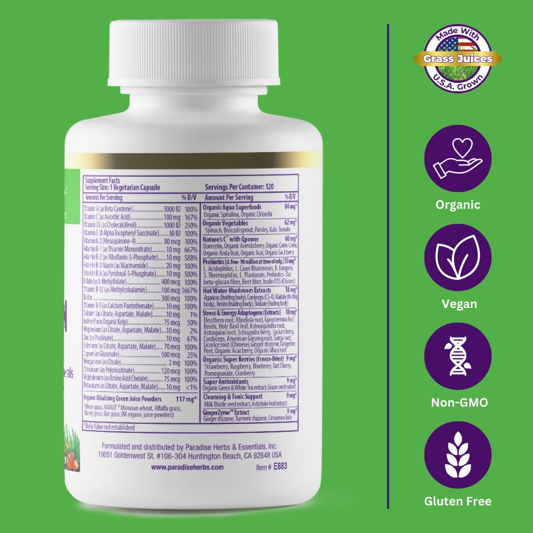 Pre-Order | Arrives in 5–10 Days – Paradise Herbs Earth's Blend Once Daily Multivitamin for Men, No Iron, 48 Organic Superfoods, Probiotics, Antioxidants, Vitamins A, B12, C, D, K2,120 Count