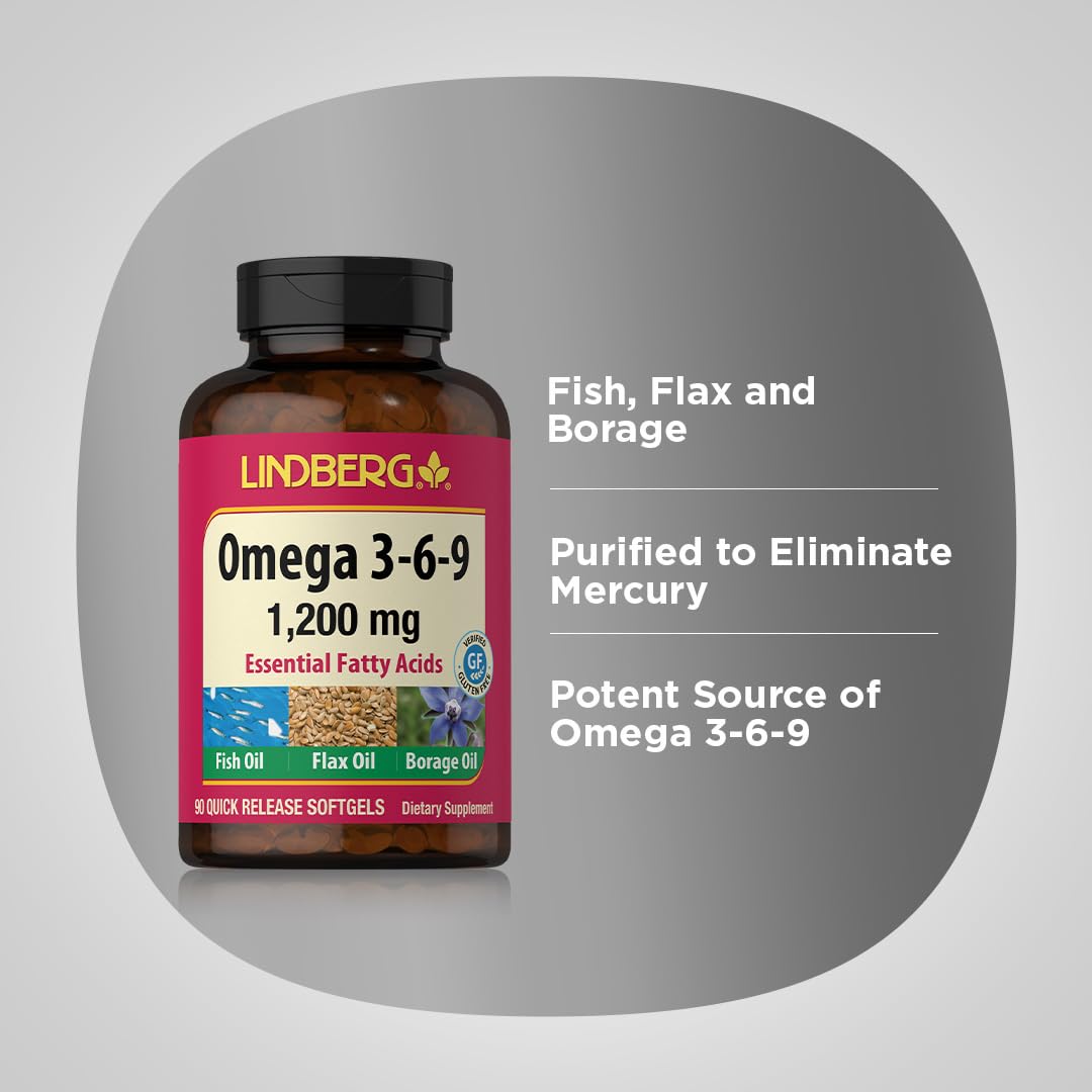 Lindberg Omega 3 6 9 Supplements | 1200mg | 90 Softgels | Essential Fatty Acids | with Fish, Flax, and Borage Oil | Non-GMO, Gluten Free