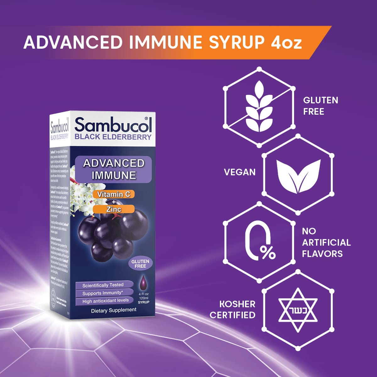 Sambucol Advanced Black Elderberry Syrup - Elderberry with Zinc and Vitamin C for Adults, Sambucus Elderberry Syrup, Elderberry Liquid - 4 Fl Oz